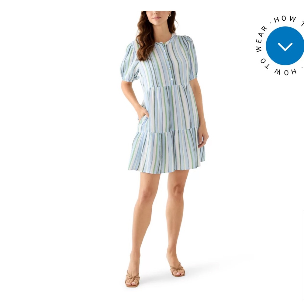 Wonderly sz S Blue and Green Striped Mini Dress gauzy cotton comfy cute